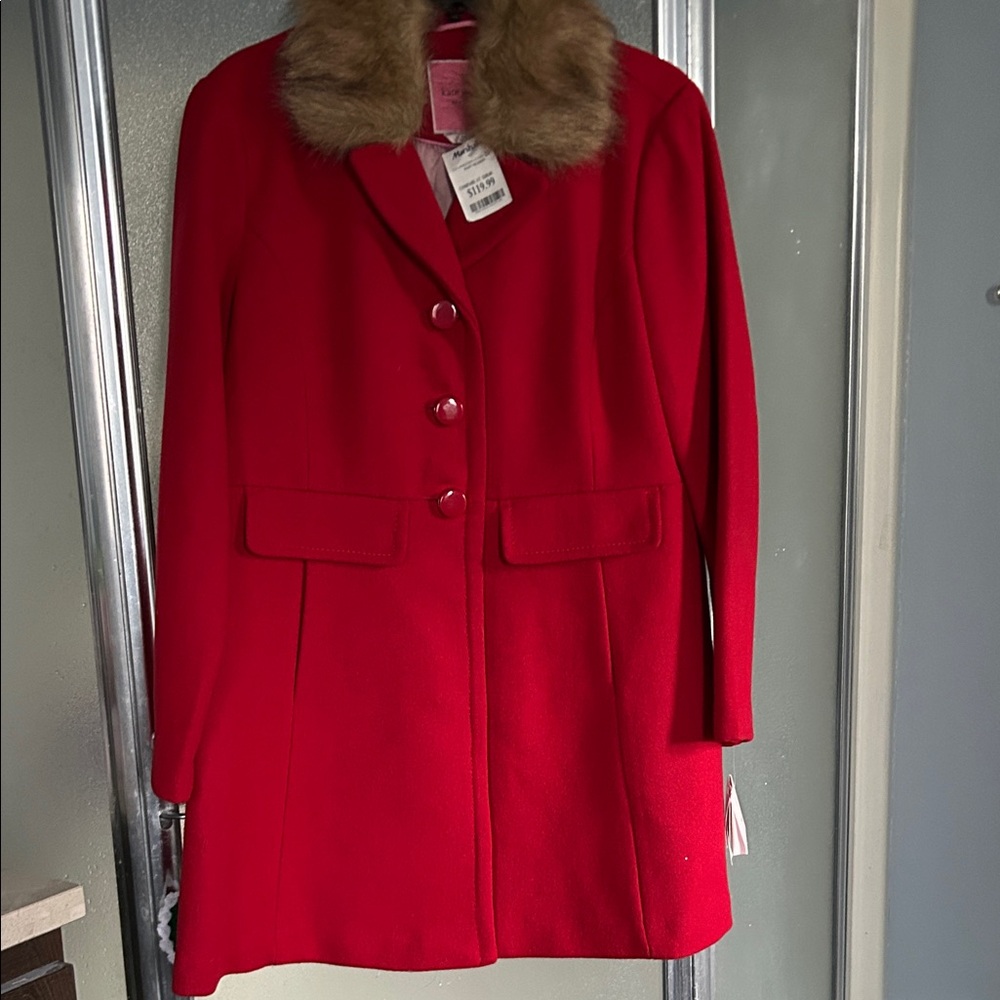 Kate Spade Red Pea Coat with Faux Fur Collar with removable collar